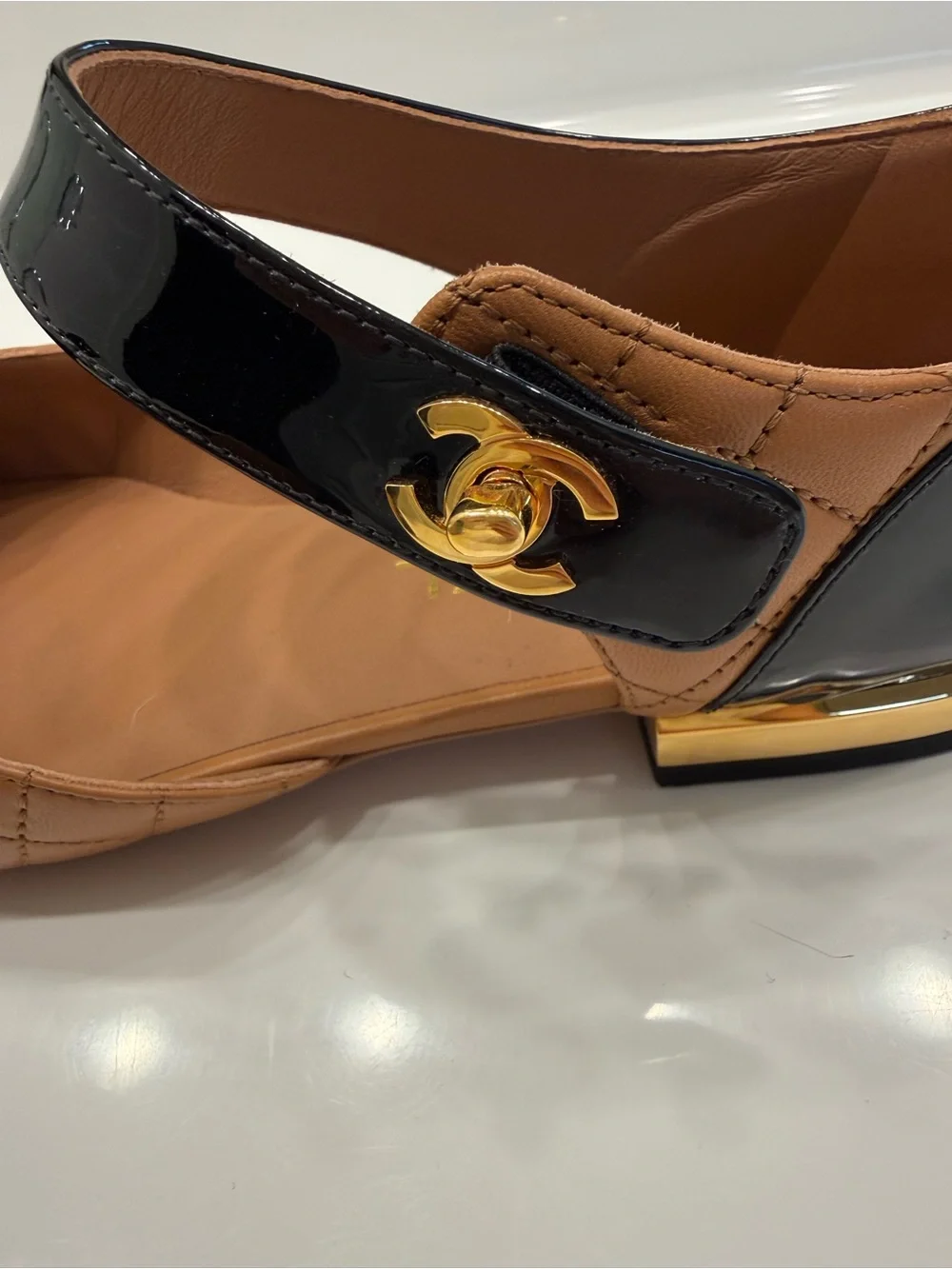 CHANEL Two-Tone Quilted Mary Jane Flats in Tan and Black IT38.5